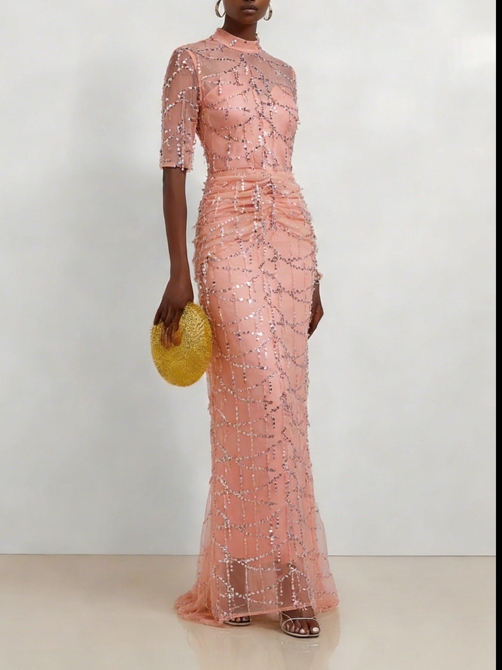 Peach Mesh Lace Crew Neck Half Sleeve Sheath Gown Dress