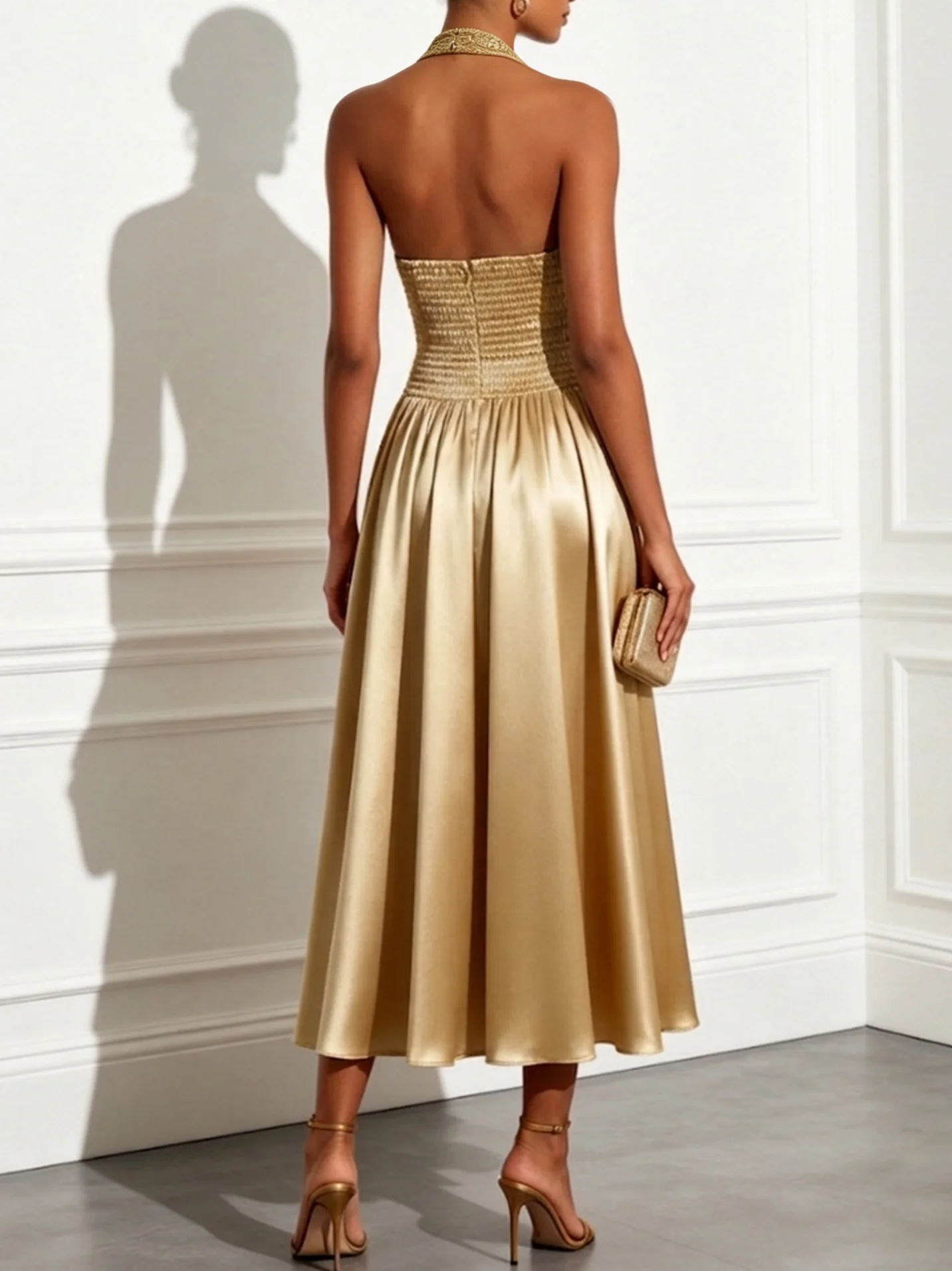 Golden Satin Halter Sleeveless A-Line Midi Dress