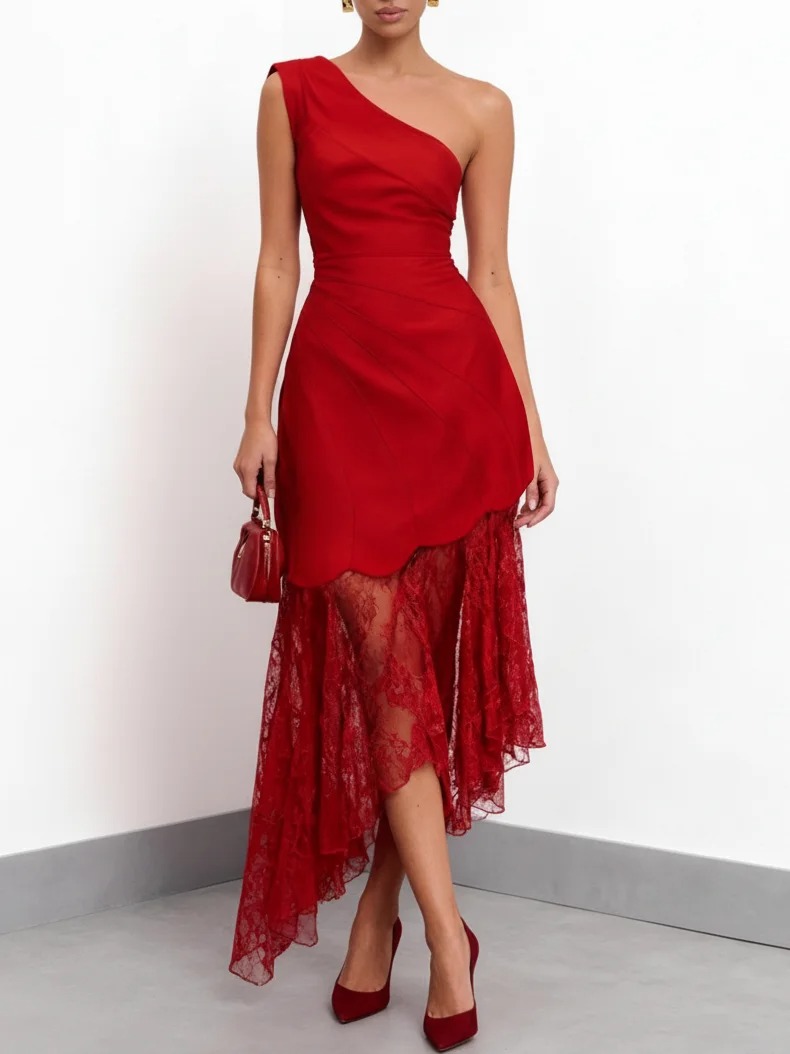 Red Lace Irregular Craftsmanship Classic One Shoulder Sleeveless A-Line Midi Dress