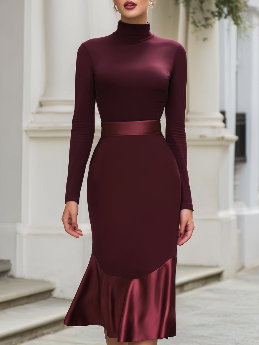 Burgundy High-Neck Satin Hem Midi Dress