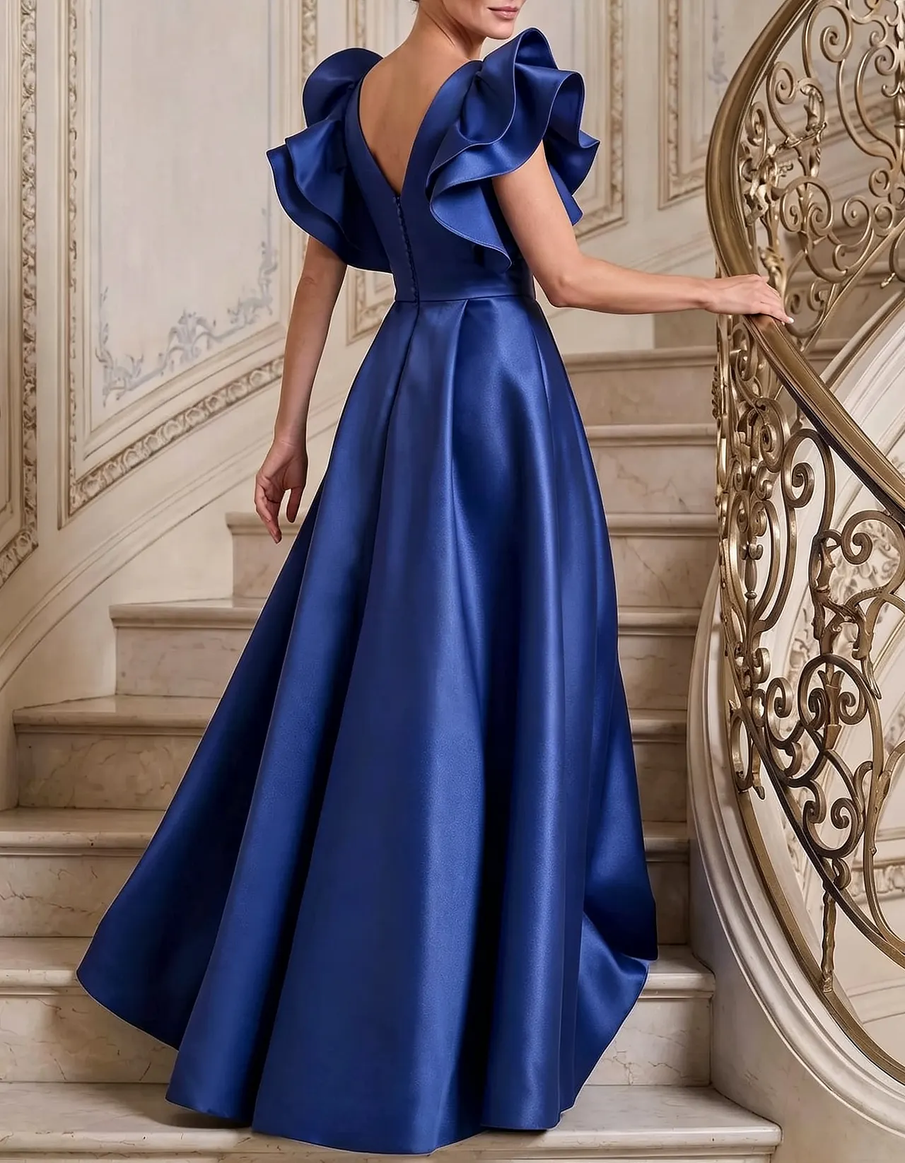 Deep V Neck Satin Ruffled Shoulder A Line Evening Maxi Dress