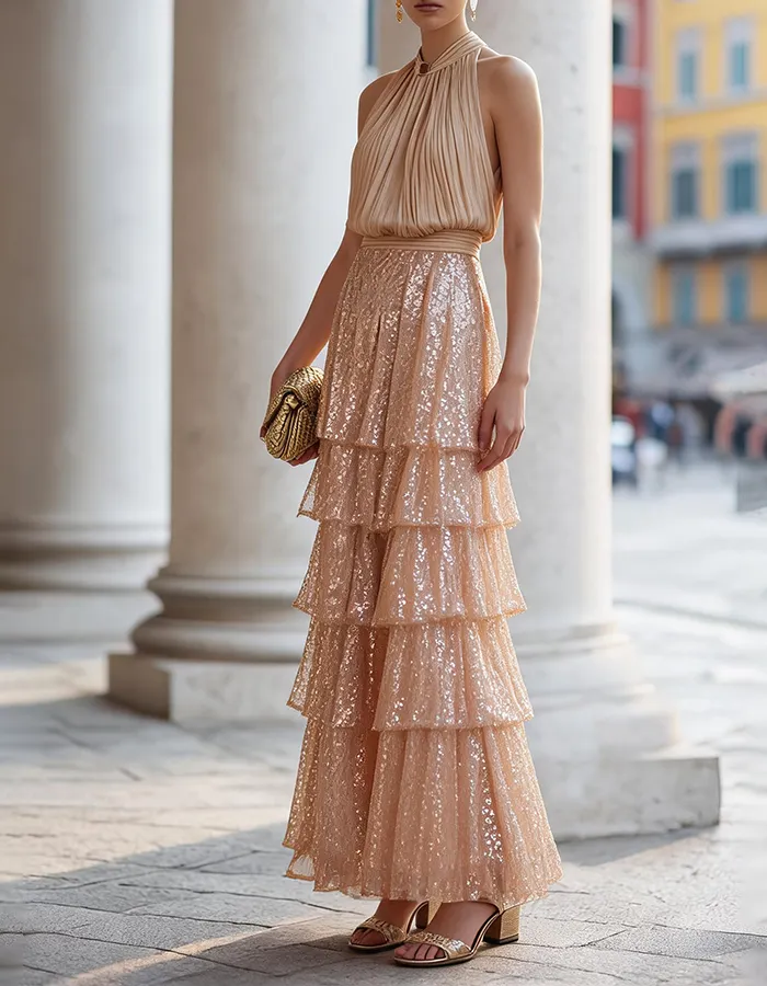 Champagne Halter Neck Tiered Sequin Maxi Dress