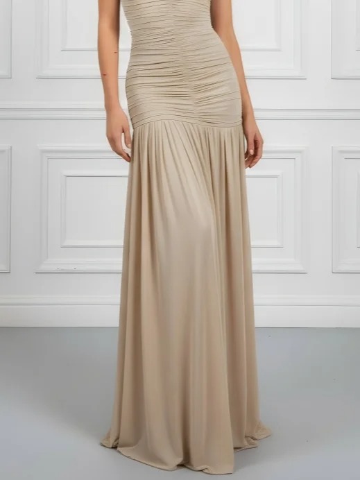 Light Khaki Ruched Knit Off The Shoulder Sleeveless A-Line Maxi Dress