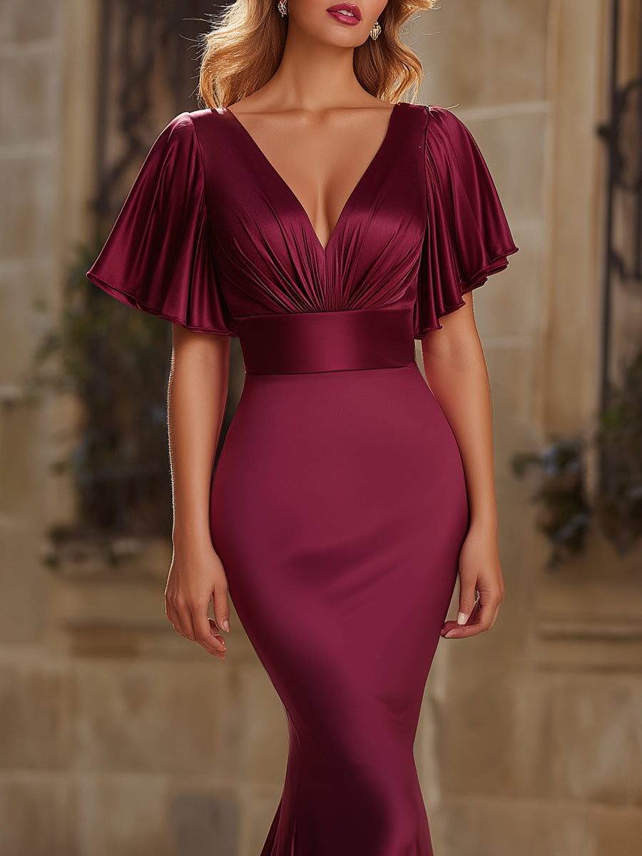 Satin Flutter Sleeve Mermaid Evening Dress