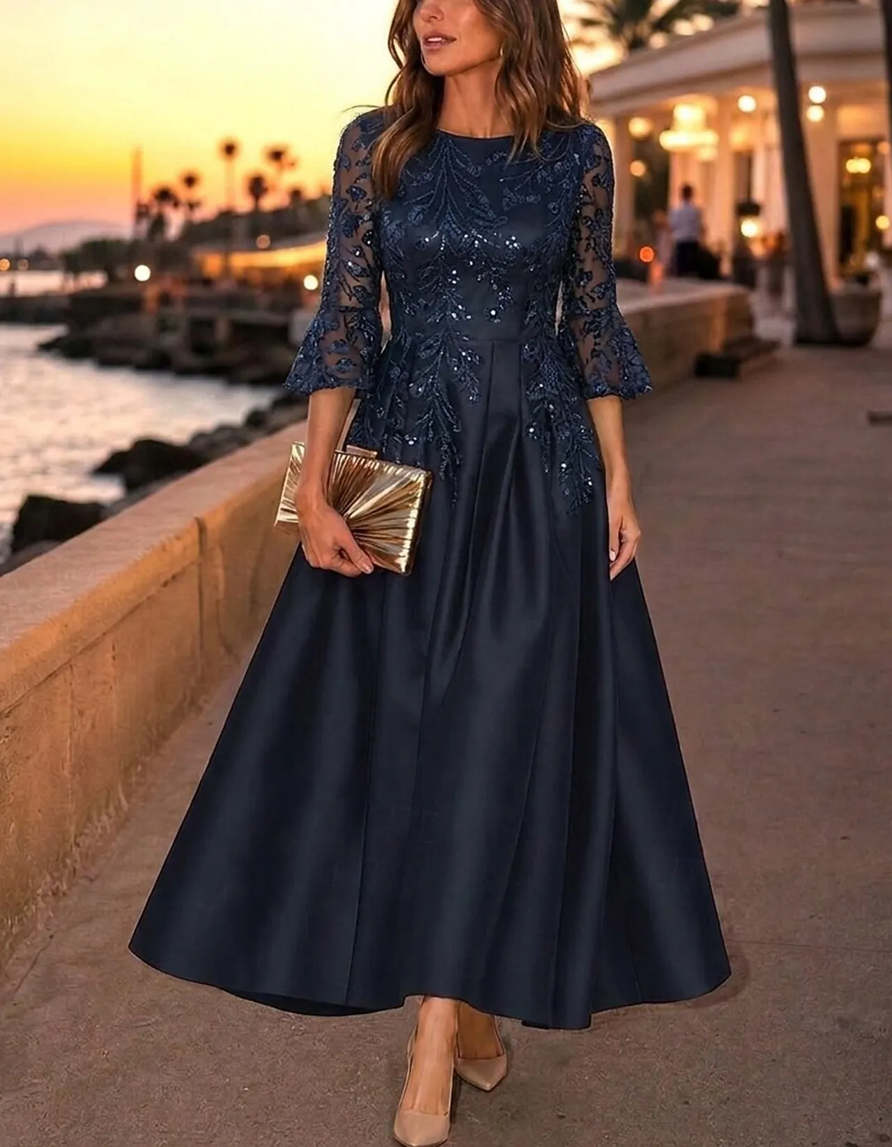 Round Neck Bell 3/4 Sleeve Satin A-Line Midi Dress
