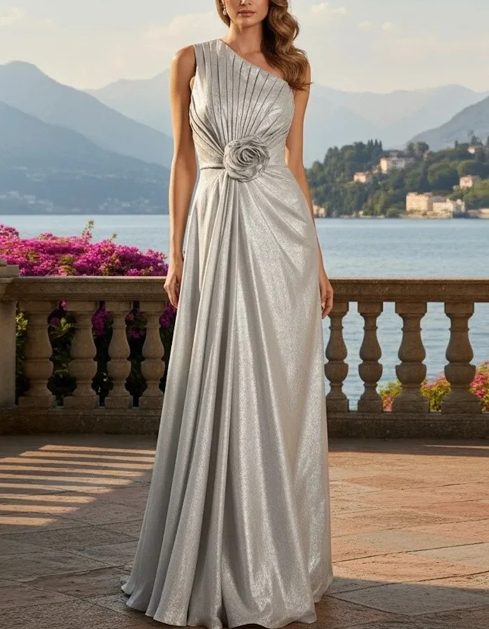 Silver One-shoulder Pleated Satin Maxi Dress With 3D Floral