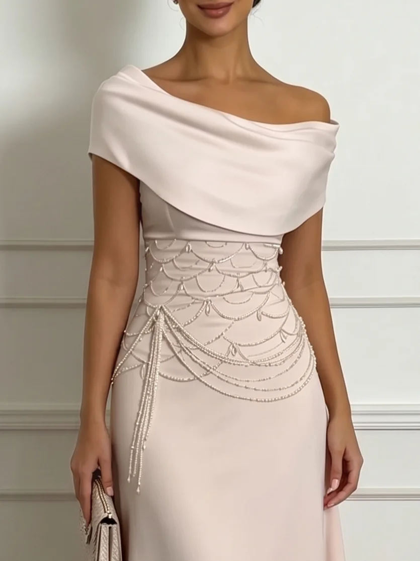 Pink Beaded Satin Off The Shoulder Short Sleeve A-Line Midi Dress