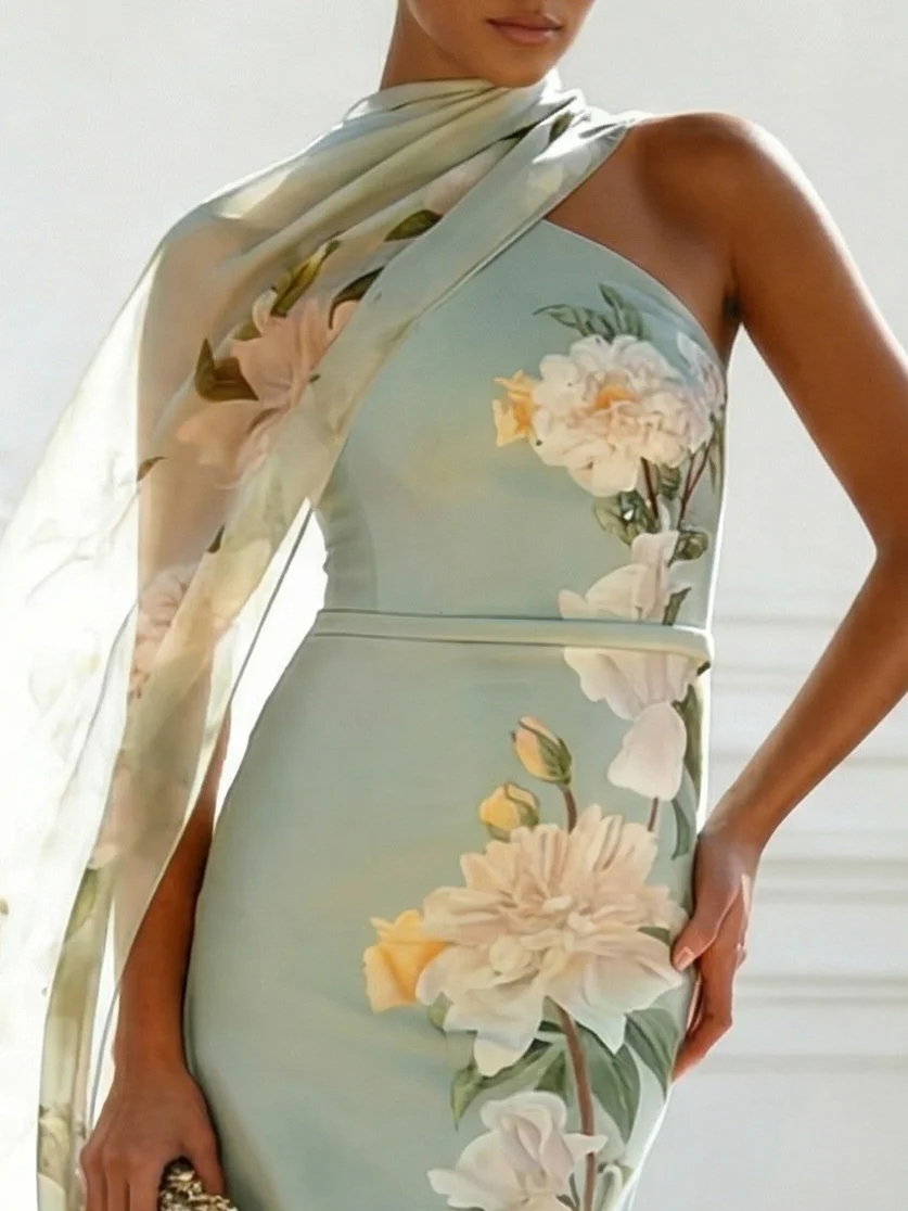 Light Green Floral Classic One Shoulder Sheath Maxi Dress