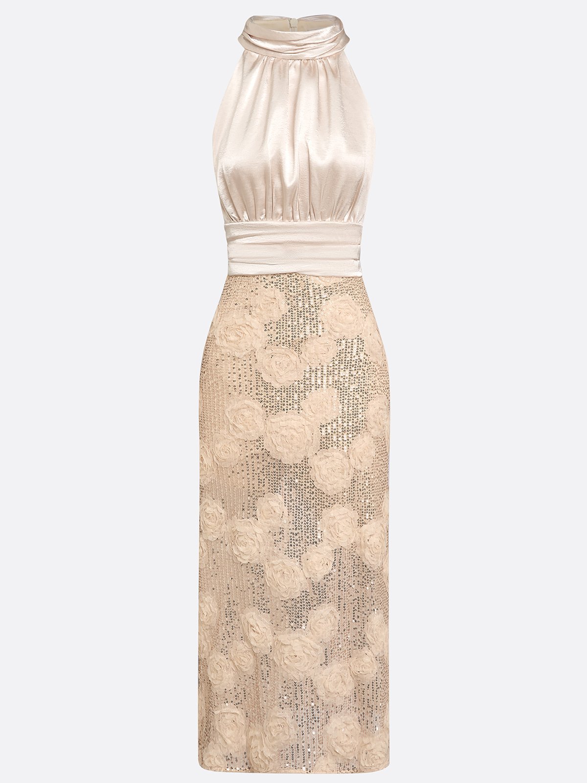 Champagne 3D Floral Glitter Classic Mock Neck Sleeveless A-Line Midi Dress