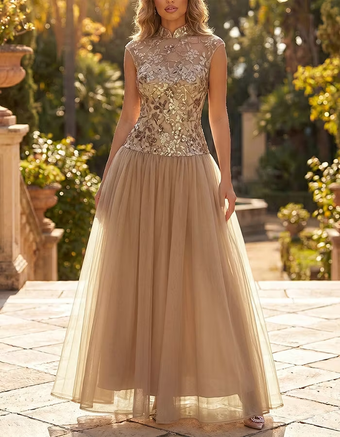 Champagne Mandarin Collar Gold Sequin Lace Tulle Maxi Dress