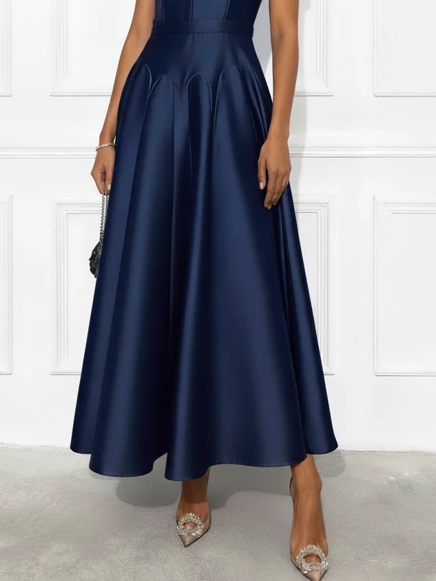 Navy Blue Satin Stand Collar Short Sleeve A-Line Maxi Dress