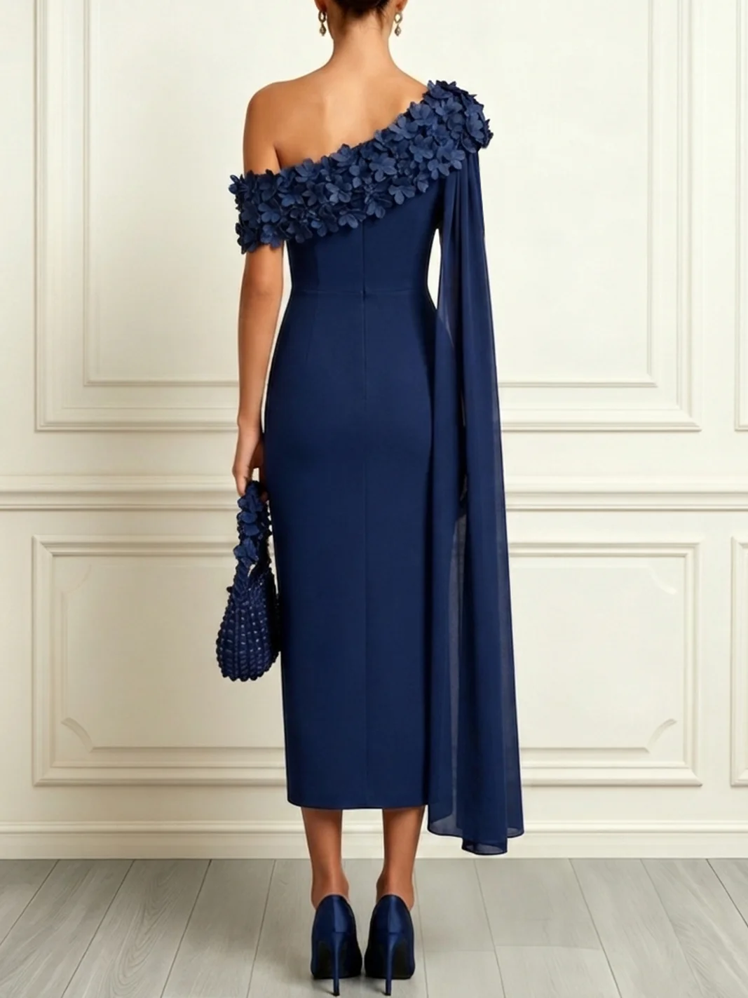 Navy Blue 3D Floral Classic Asymmetrical Short Sleeve Sheath Midi Dress