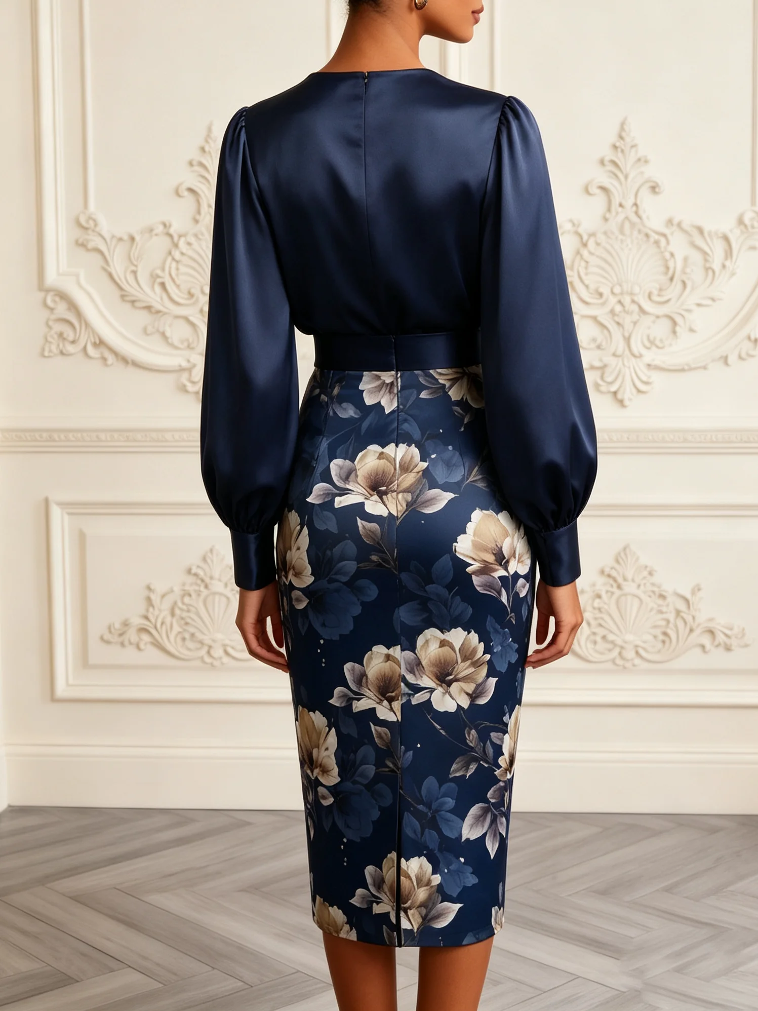 Navy Blue Floral Satin V Neck Long Sleeve Balloon Sleeve Sheath Midi Dress