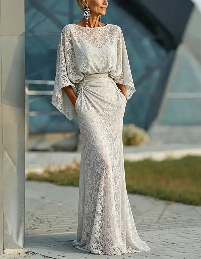 White Floral Lace Round Neck Batwing Sleeves Flared Pleats Maxi Dress