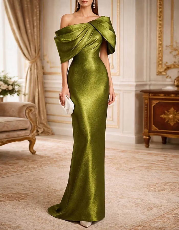 Solid Color Metallic Satin Off Shoulder Maxi Dress