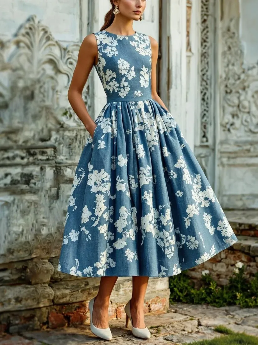 Midi Linen Dress, Sleeveless, Linen Blend, Floral, Renaissance