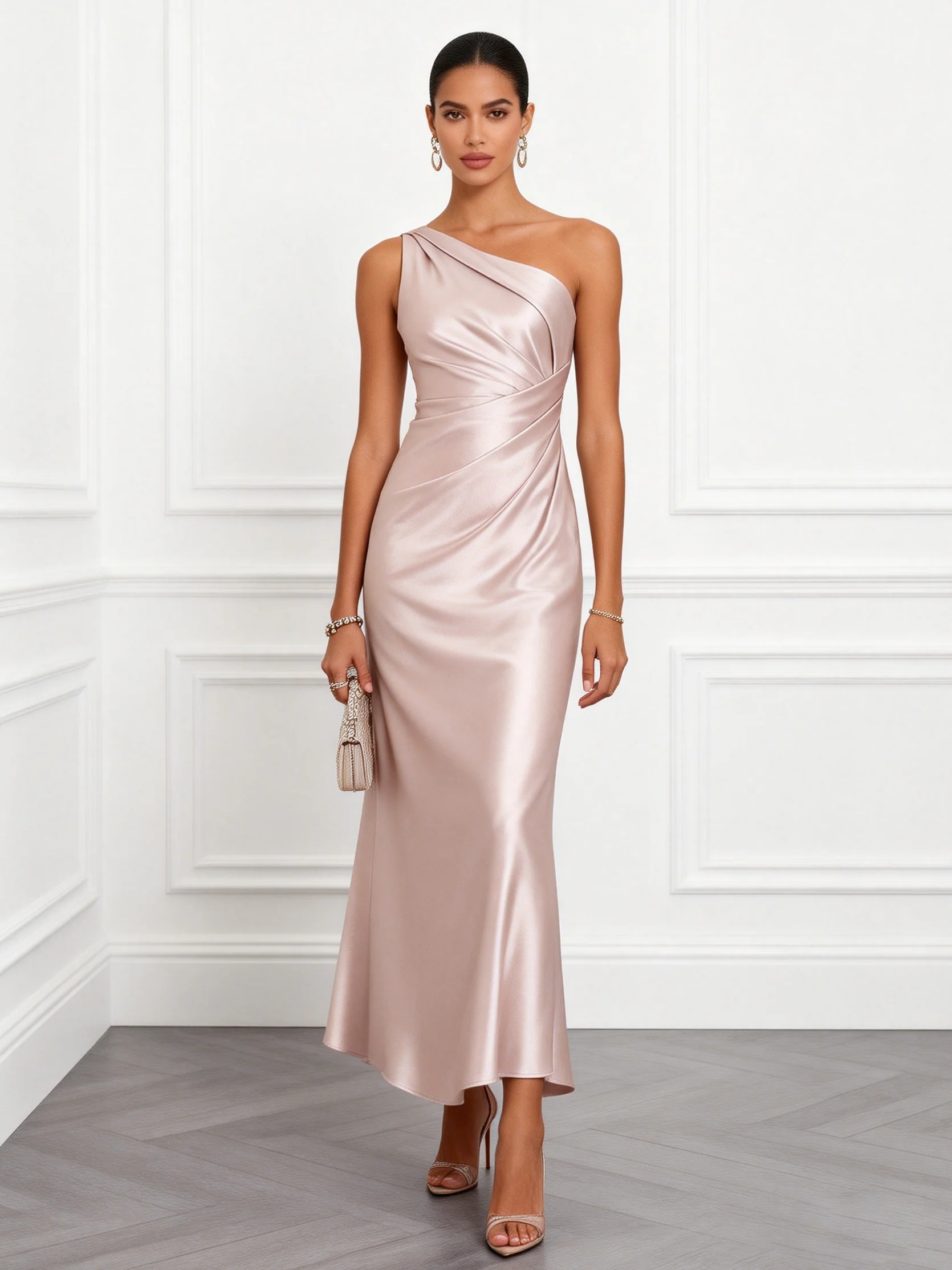 Light Pink Ruched Satin One Shoulder Sleeveless Mermaid Maxi Dress