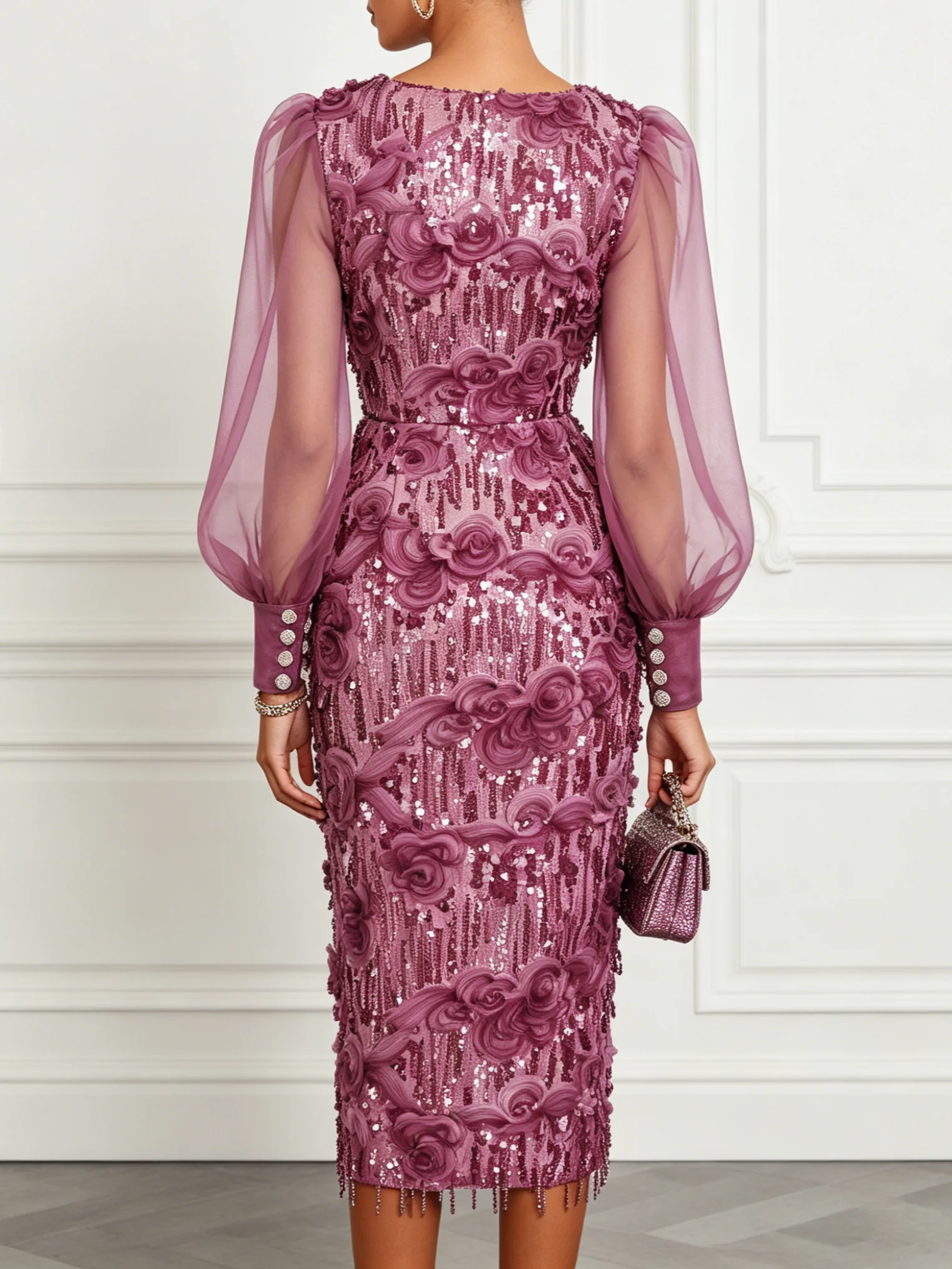 Purple 3D Floral Glitter Classic V Neck Long Sleeve Balloon Sleeve Sheath Midi Dress