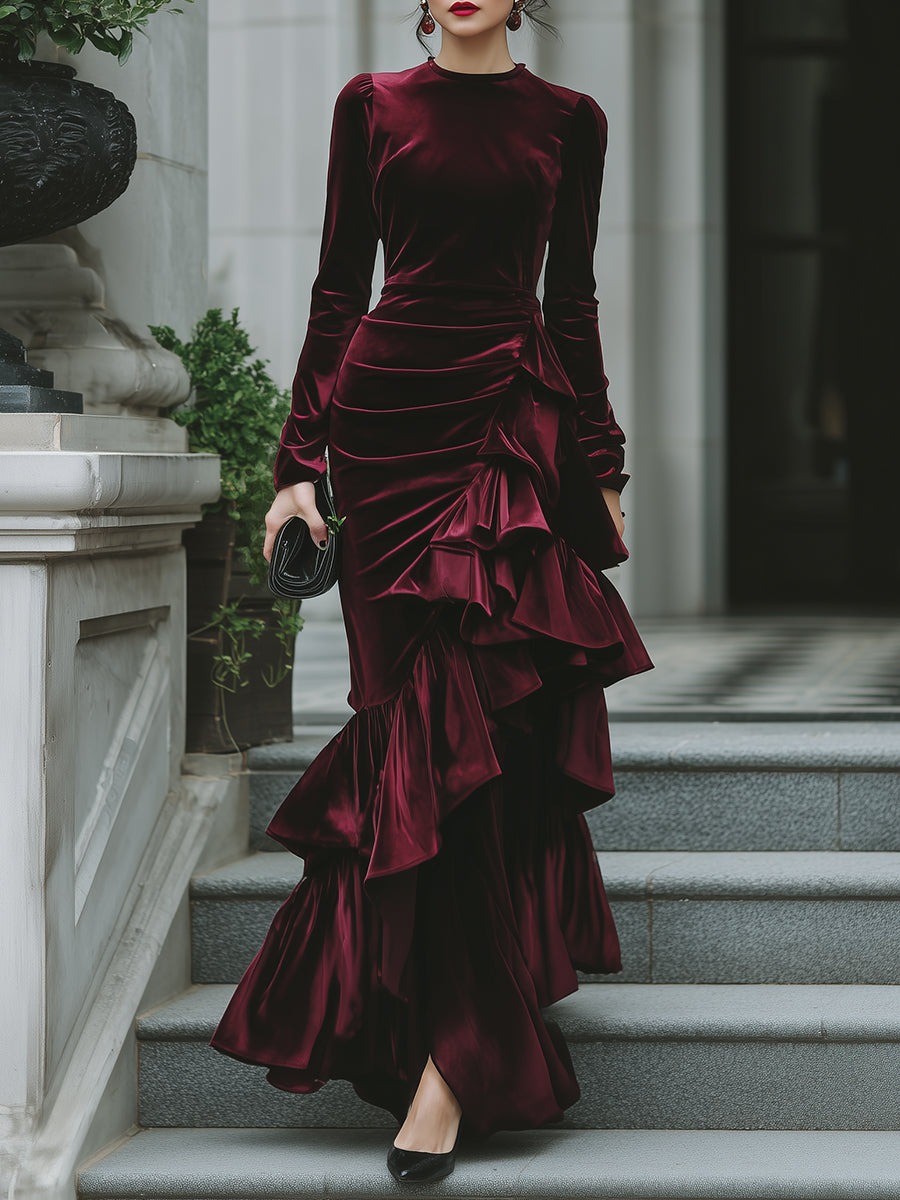 Burgundy Long Sleeve Ruffled Tier Evening Gown