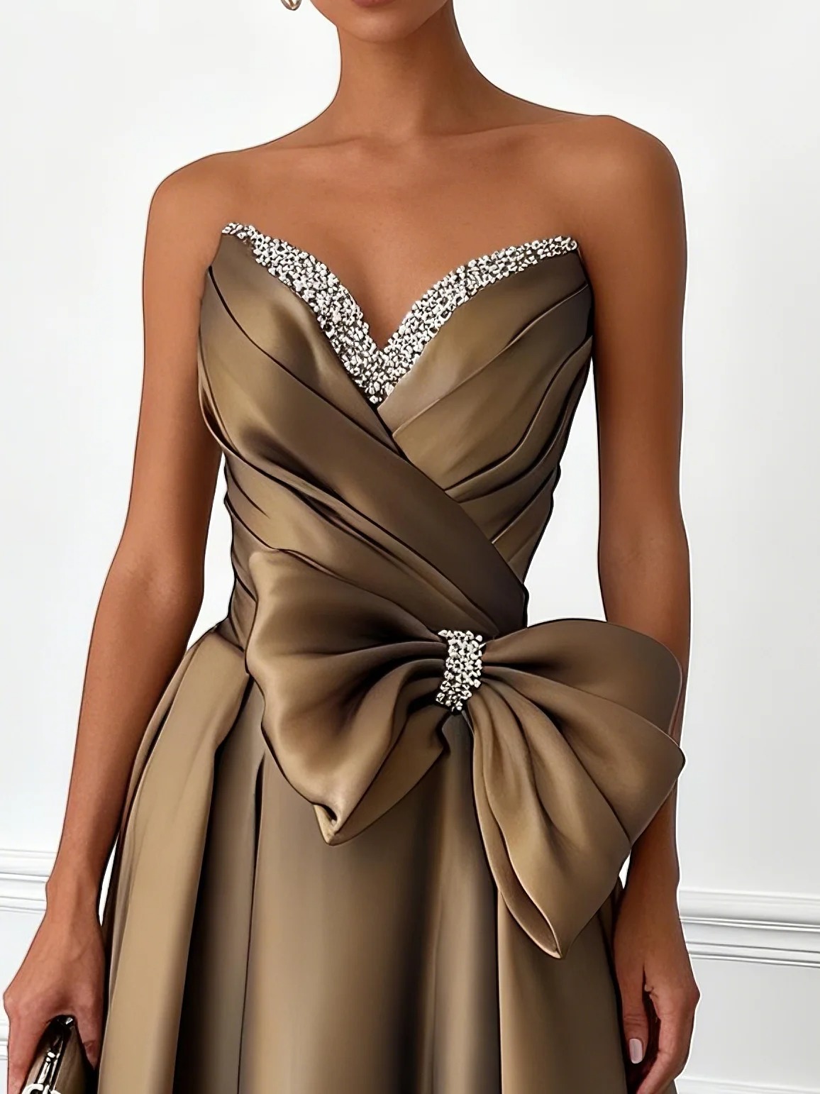 Brown Glitter Bow Satin Strapless Sleeveless A-Line Gown Dress