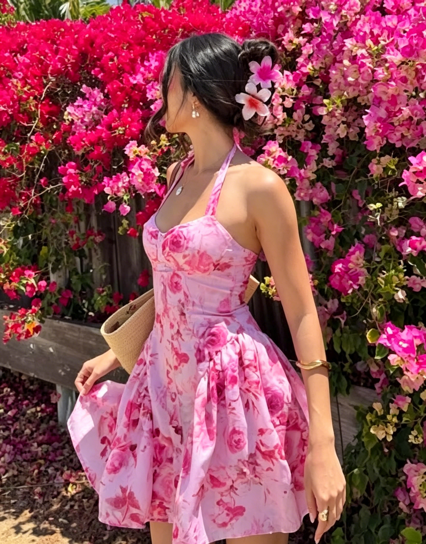 Pink Floral Halter Mini Dress Front Button Flowy Swing Skirt
