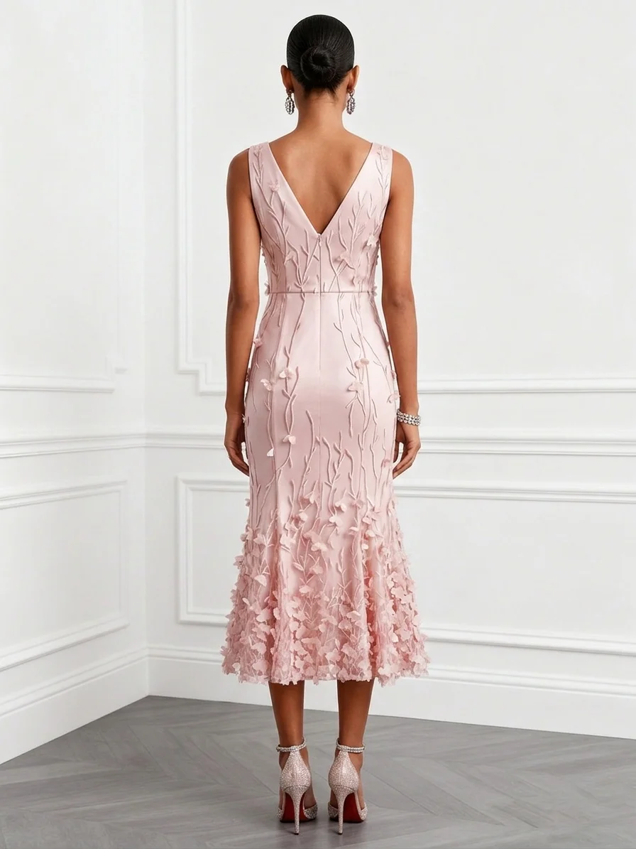 Light Pink 3D Floral Embroidery Classic V Neck Sleeveless Mermaid Midi Dress
