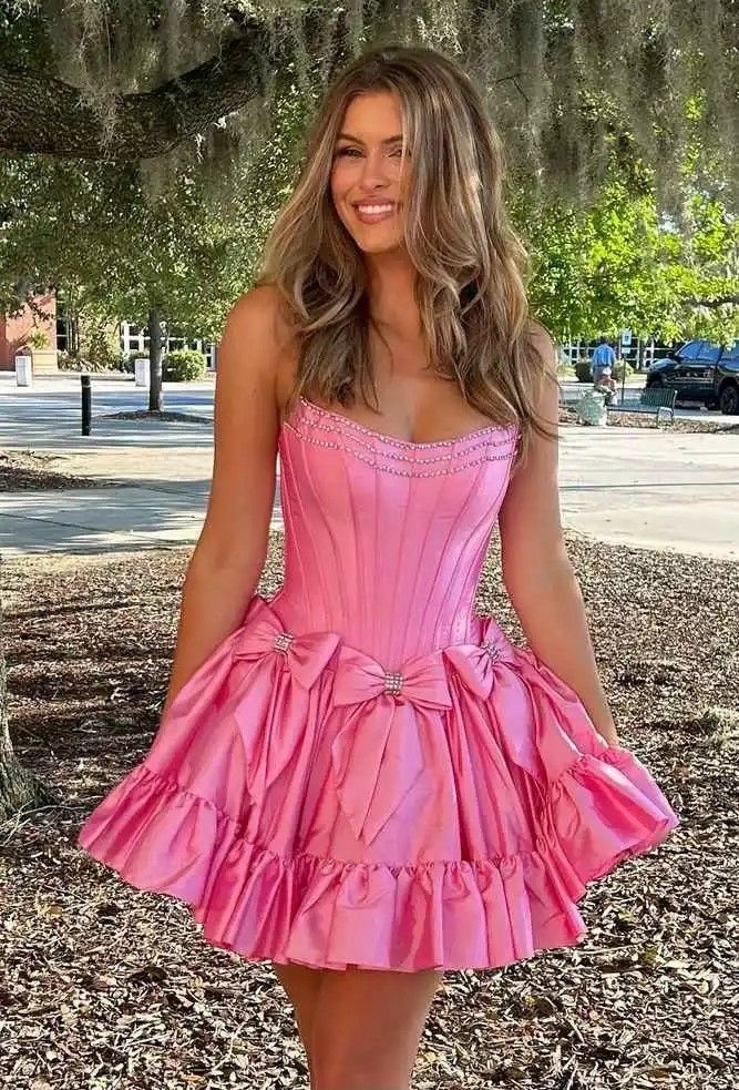 Pink Satin Corset Strapless Mini Dress Rhinestone Bow Ruffle Party Dress