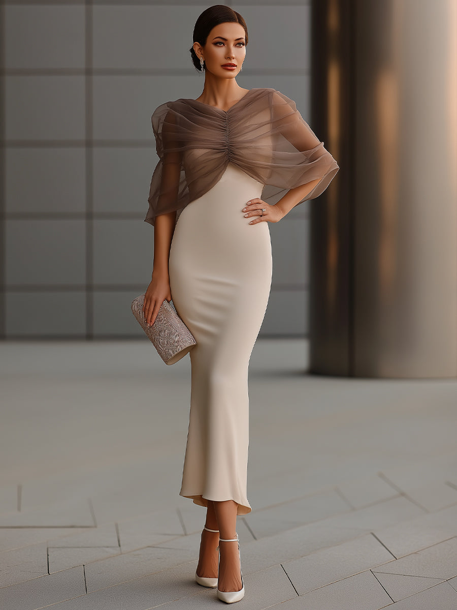 Draped Sheer Overlay Elegant Midi Dress