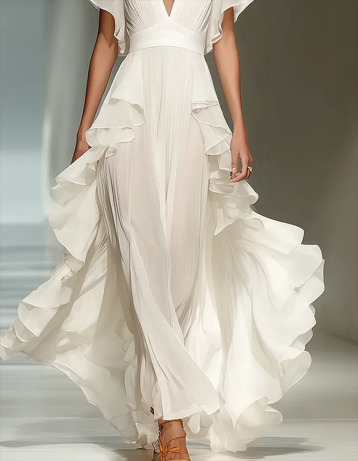 White Chiffon Ruffle Pleated Maxi Dress