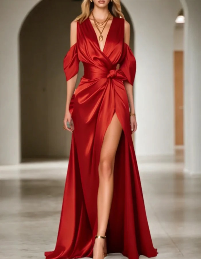 Off-the-Shoulder Satin Maxi Dress