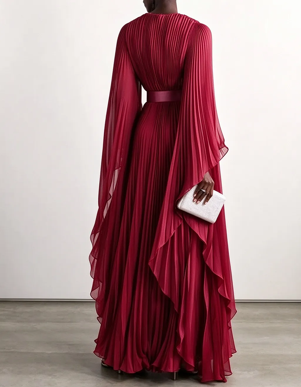 Pleated Chiffon Cape Sleeve Maxi Dress