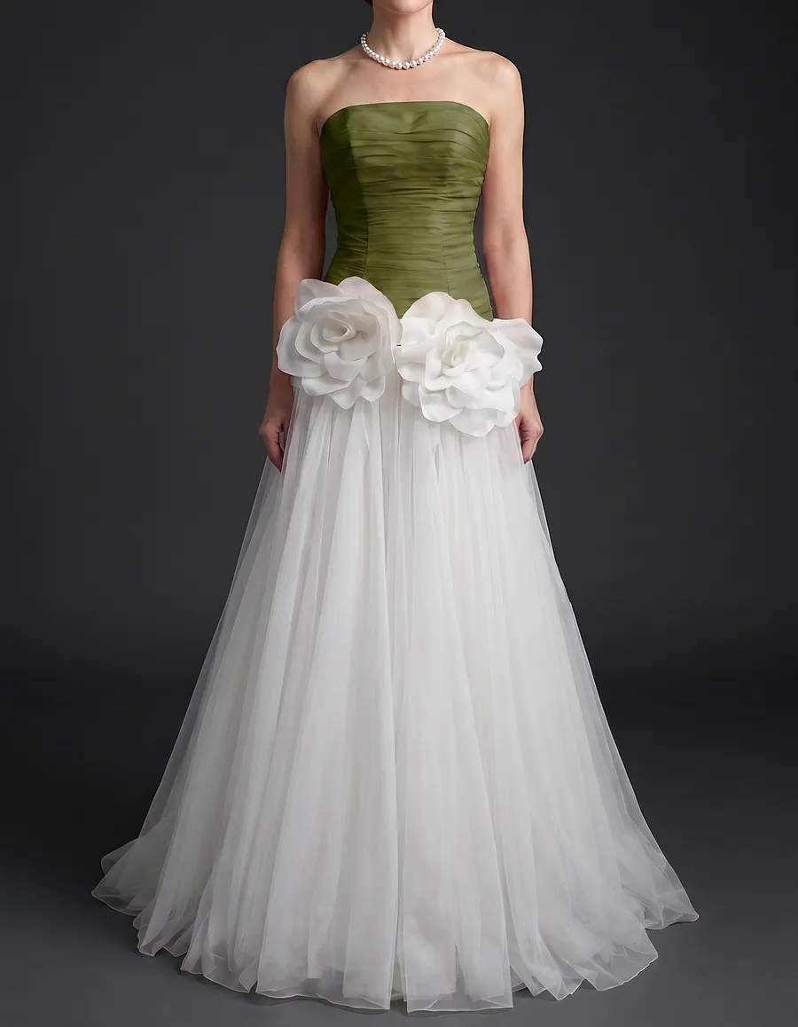 Chiffon Strapless Mesh 3D Floral Cinched Waist Maxi Dress
