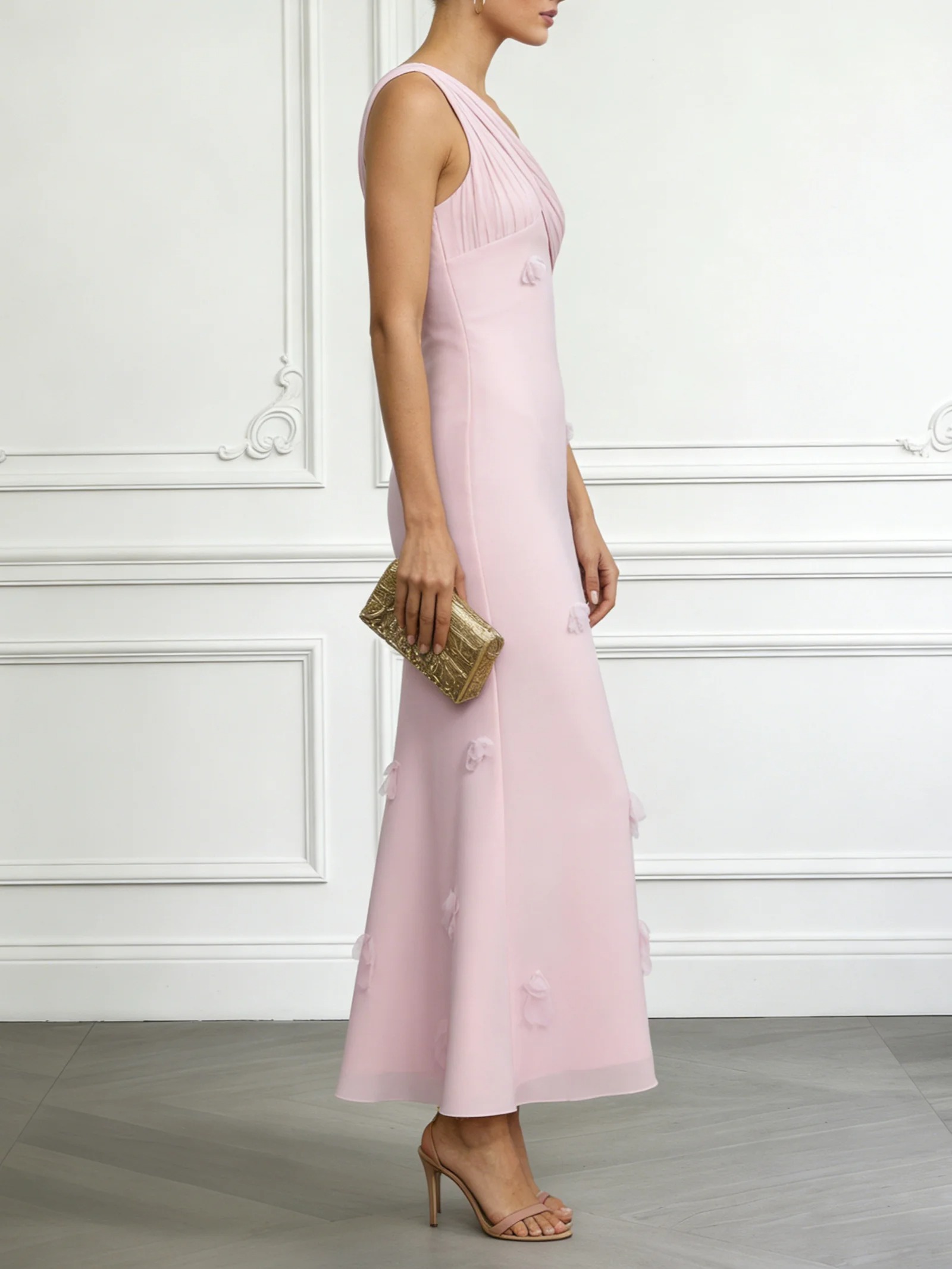 Pink 3D Floral Chiffon One Shoulder Sleeveless Sheath Maxi Dress