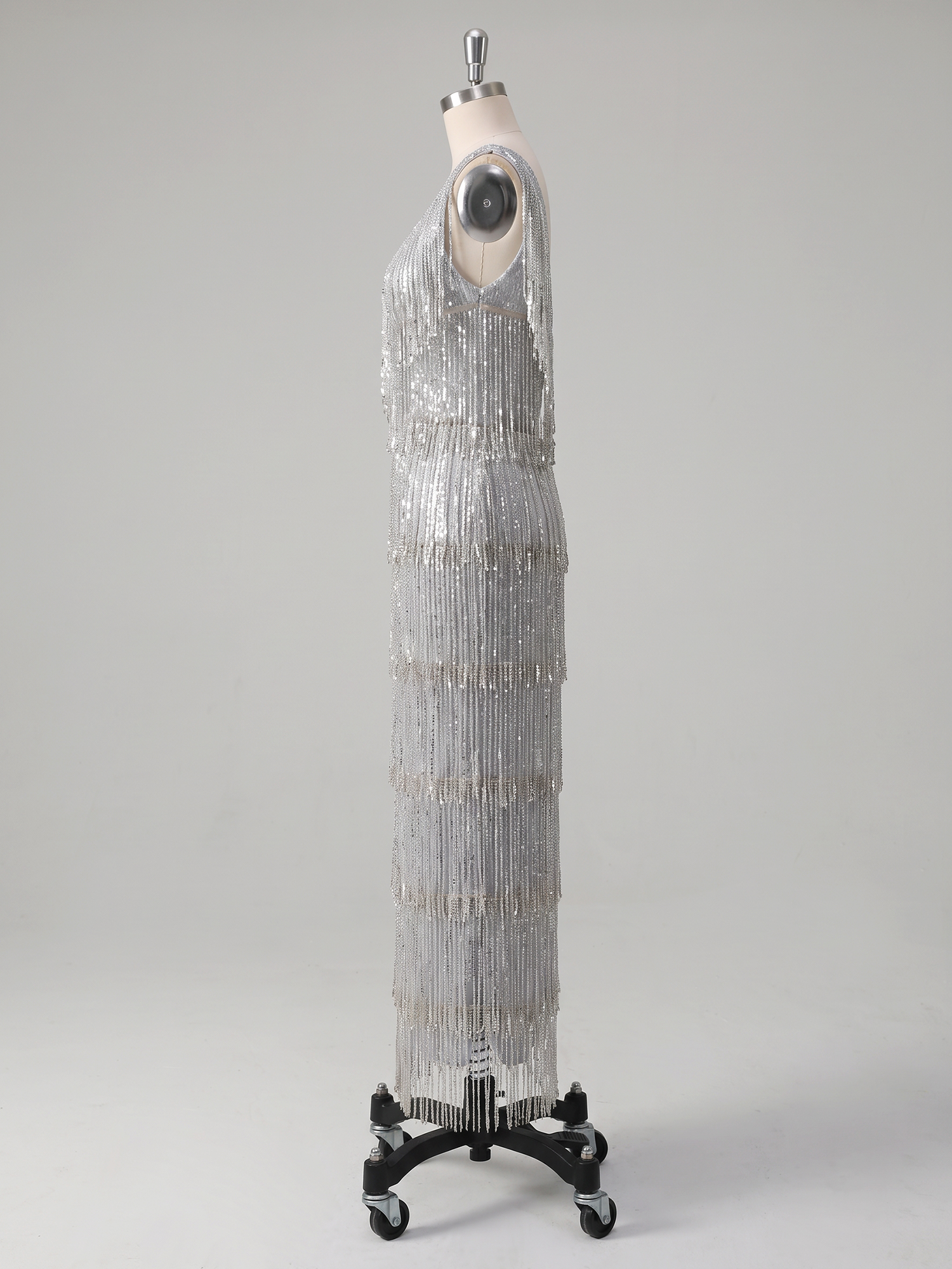 Silver Tassel Sequin V Neck Sleeveless Mermaid Maxi Dress