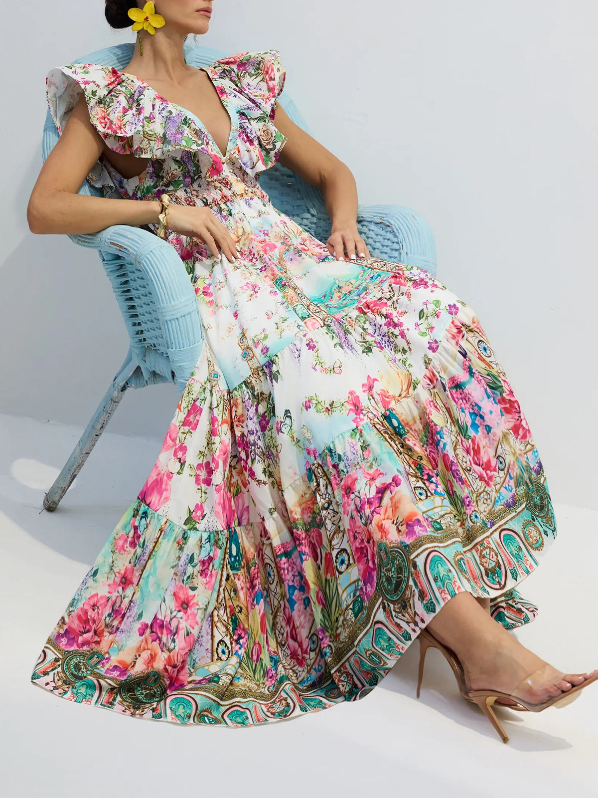 Multi Lorena Floral Print Ruffle Maxi Dress
