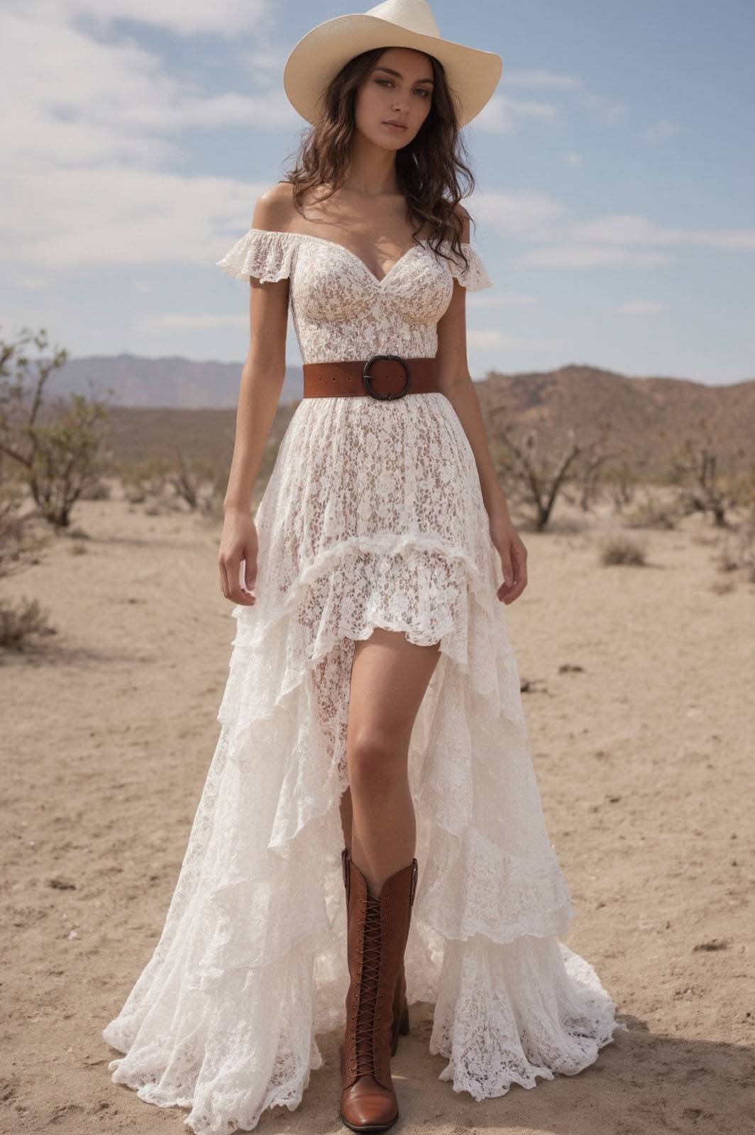 Bohemian Swing Lace Dress White V Neck Belted Maxi Dress