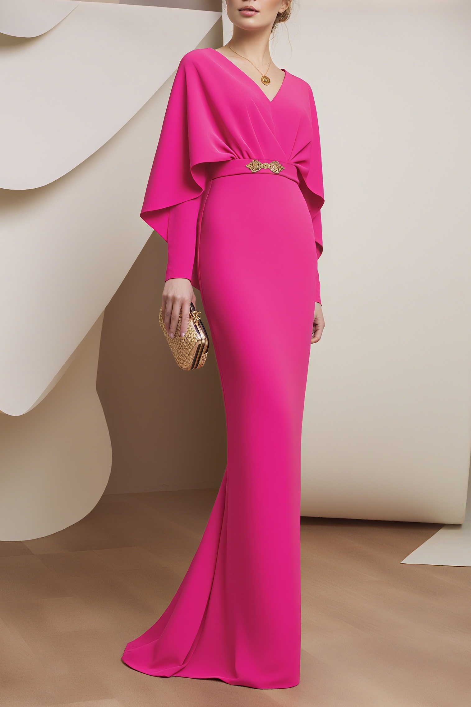 Evening Dress Purple V Neck Cap Belted Maxi Dress