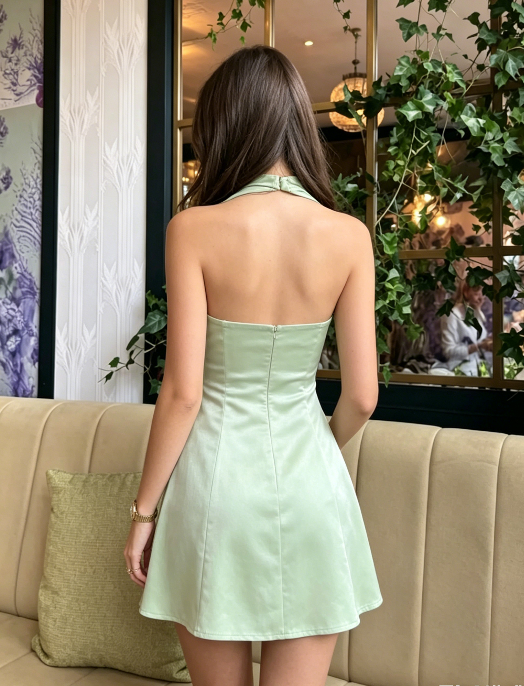 Mint Satin Halter Mini Dress Neck Sash Tie A-Line Short Dress