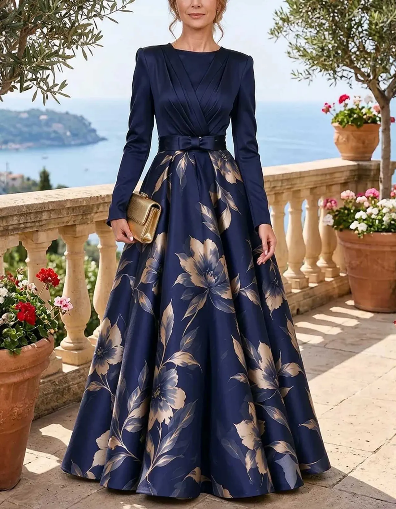 Navy Blue Floral Print Round Neck Long Sleeve Satin Maxi Dress