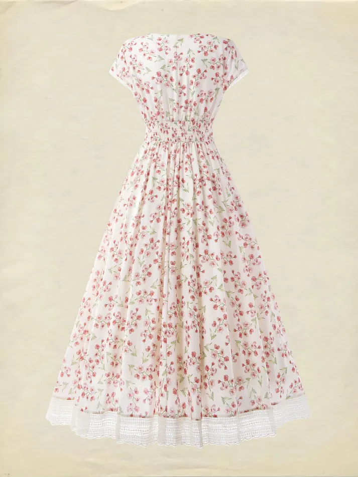 Linen Maxi Dress, Short Sleeve, Lace Collar, Floral, Vintage, White