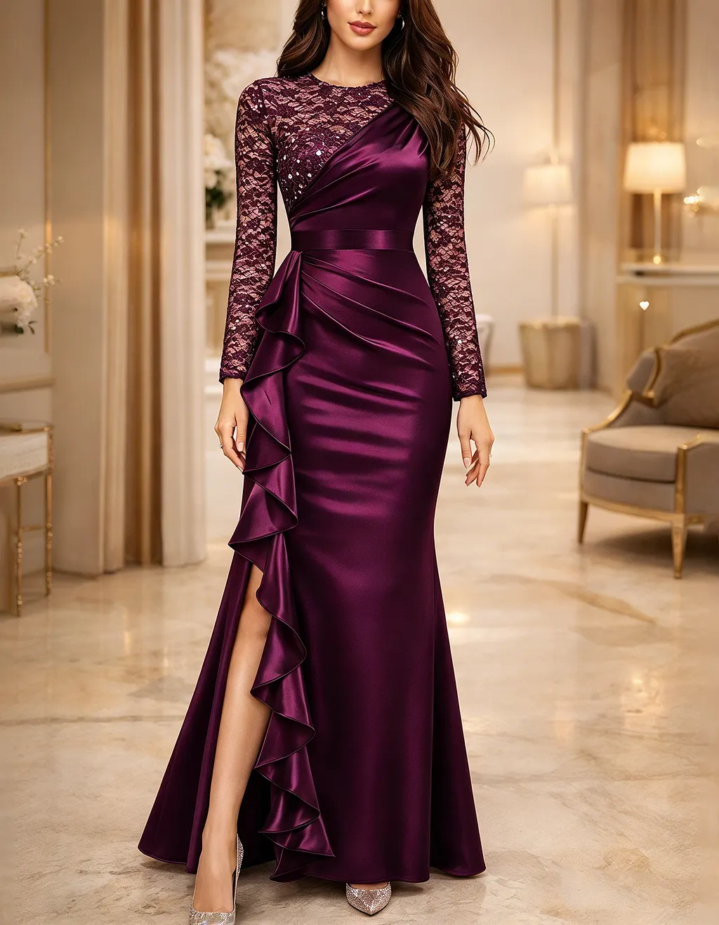 Purple Sequin Lace & Satin Mermaid Maxi Dress