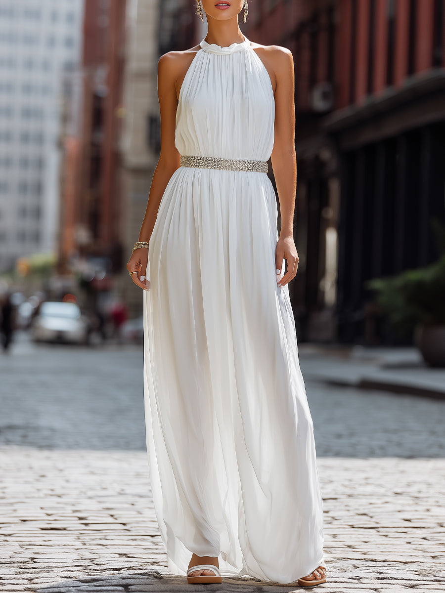 Elegant Halter Neck Pleated Chiffon Maxi Dress