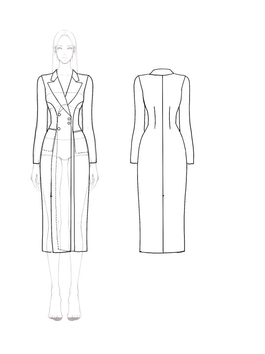 Work Blazer Dress White Lapel Slit Long Sleeve Midi Dress