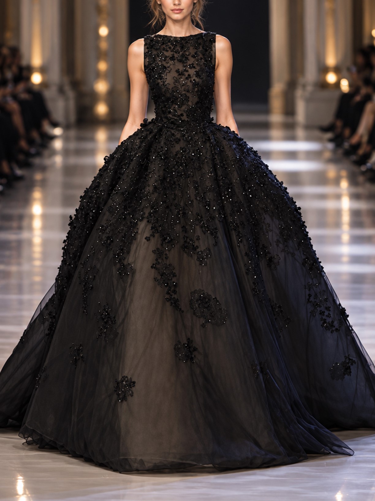 Black Sleeveless 3D Floral Beaded Sheer Tulle Evening Dress