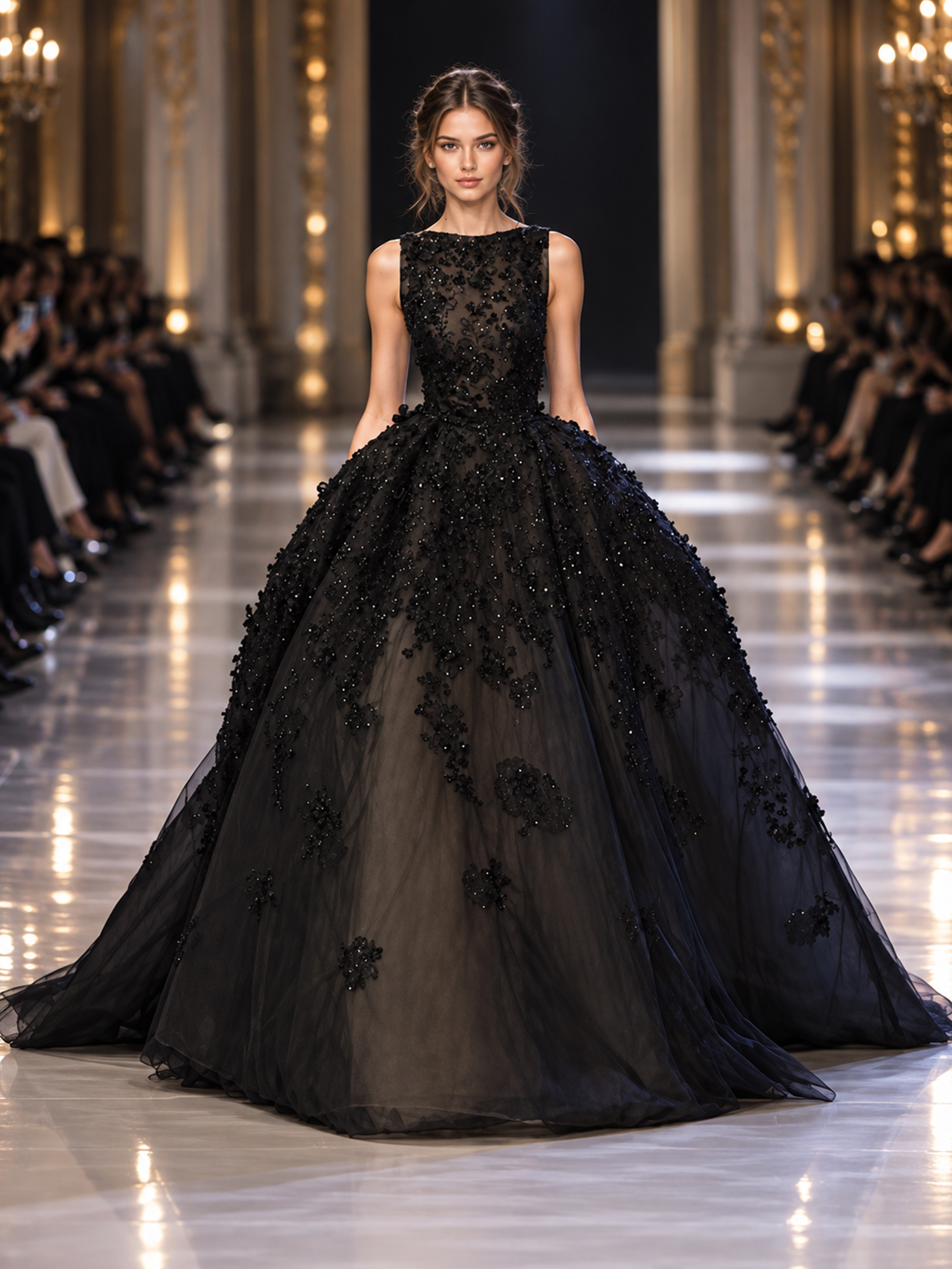 Black Sleeveless 3D Floral Beaded Sheer Tulle Evening Dress