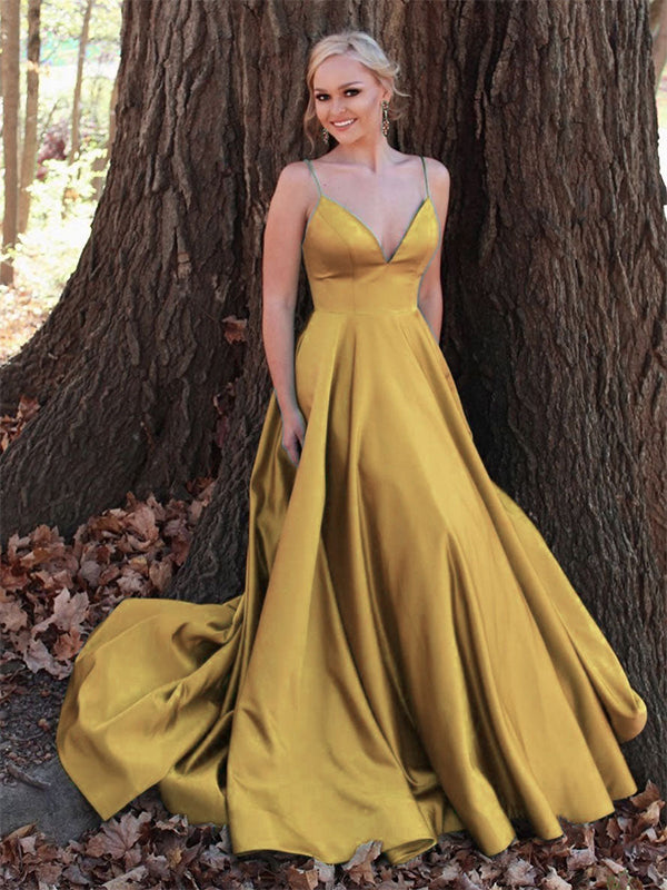 Green A Line V-Neck Spaghetti Straps Satin Long Prom Dress