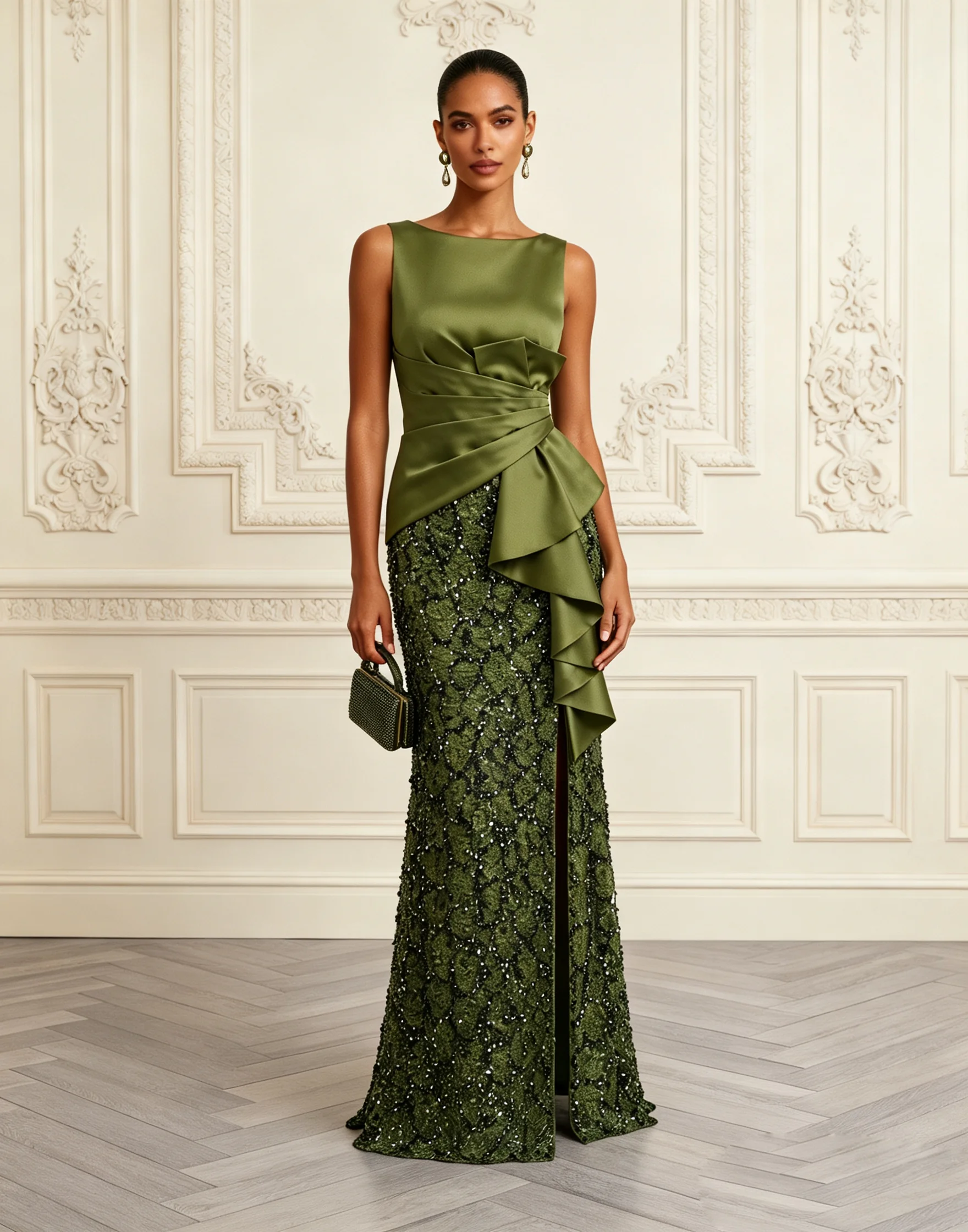 Green Ruffled Sequin Notched Sleeveless Mermaid Gown Dress