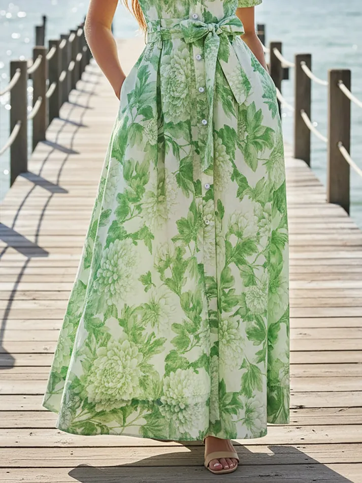 Maxi Linen Dress, Short Sleeves, Shawl Collar, Floral, Pocket Design, Vacation, Vintage, Green