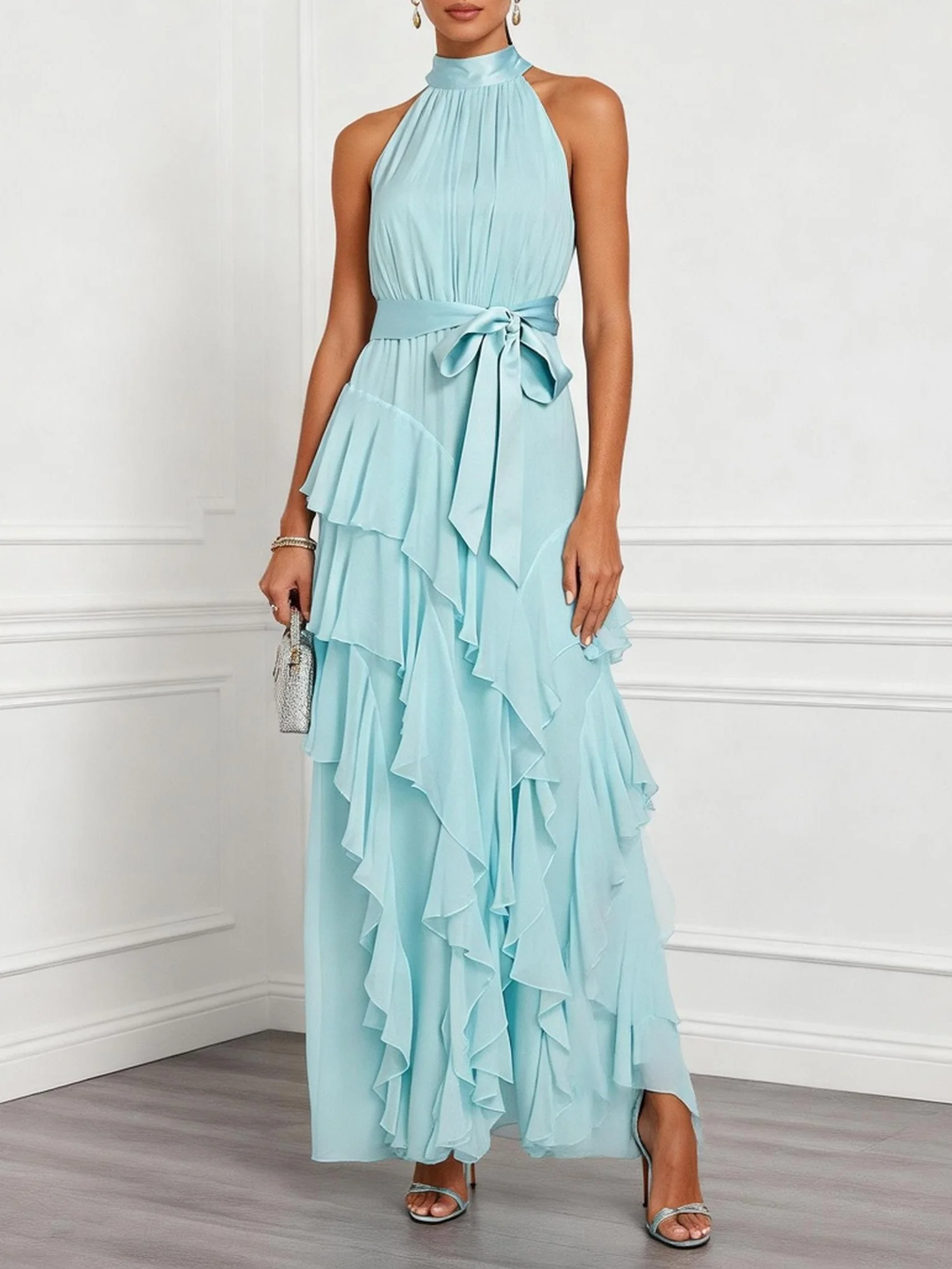 Light Blue Bow Peplum Chiffon Mock Neck Sleeveless A-Line Maxi Dress