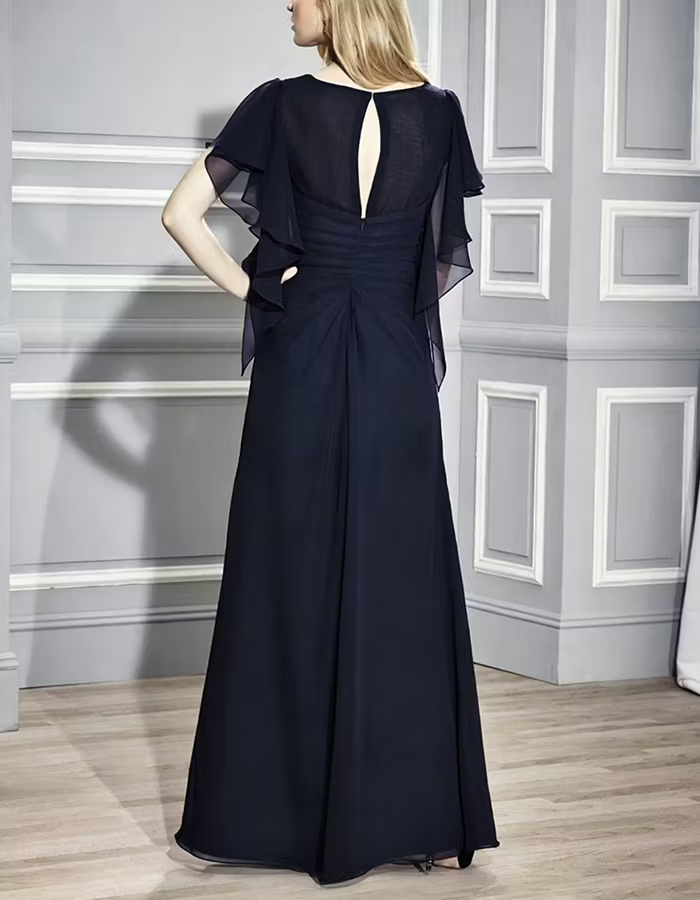 Navy Blue V-Neck Ruffled Sleeve Chiffon Maxi Dress